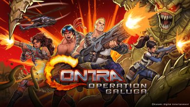 Poster for Contra game, showing main playable characters