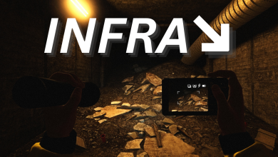 Screenshot of the game INFRA in a collapsed tunnel with a guy holding a camera and a flashlight