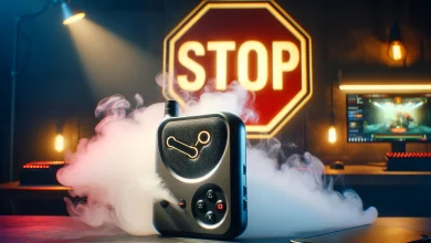Steam deck looking like a vape with a big Stop sign behind it