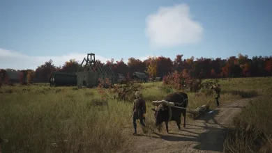 عالم فراكونيا في لعبة مانور لوردس فيها قرية و رجل يجذب ثوراً